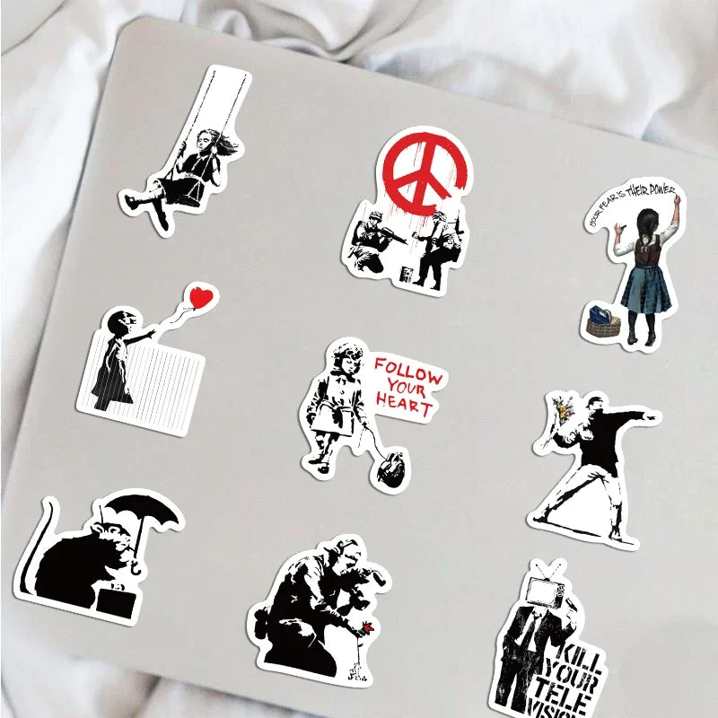 67PCS Banksy Sculptures Flower Thrower Stickers Cool Street Art Graffiti Decals for Luggage Laptop Skateboard Phone Bicycle (Online Order Only)