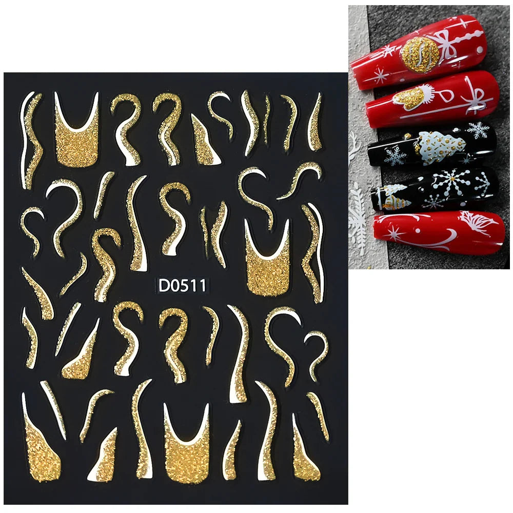 1pc Christmas Nail Sticker 3D Gold Glitter Snowflake Elk Penguin Bells Design Adhesive Nail Slider Decals Winter Manicure Decor* (Online Order Only)