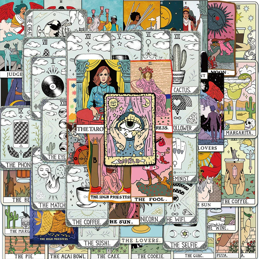 50pcs Cartoon Tarot Card Stickers for Laptop, Phone, Skateboard, Car, Graffiti Decals (ONLINE ORDER ONLY)