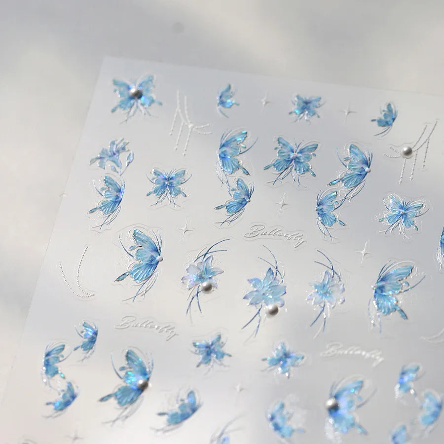 Chic Butterfly Flower Lily Lilium Narcissus Line Beautiful Blue Pearl Self Adhesive Nail Art Stickers Decorations Manicure Decal (Online Order Only)