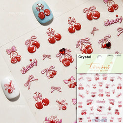 Lovely Pink Red Cherry Fruit Love Heart Star Lucky Letter Bowknot Romantic Adhesive Nail Art Stickers Rhinestone Manicure Decals (Online Order Only)