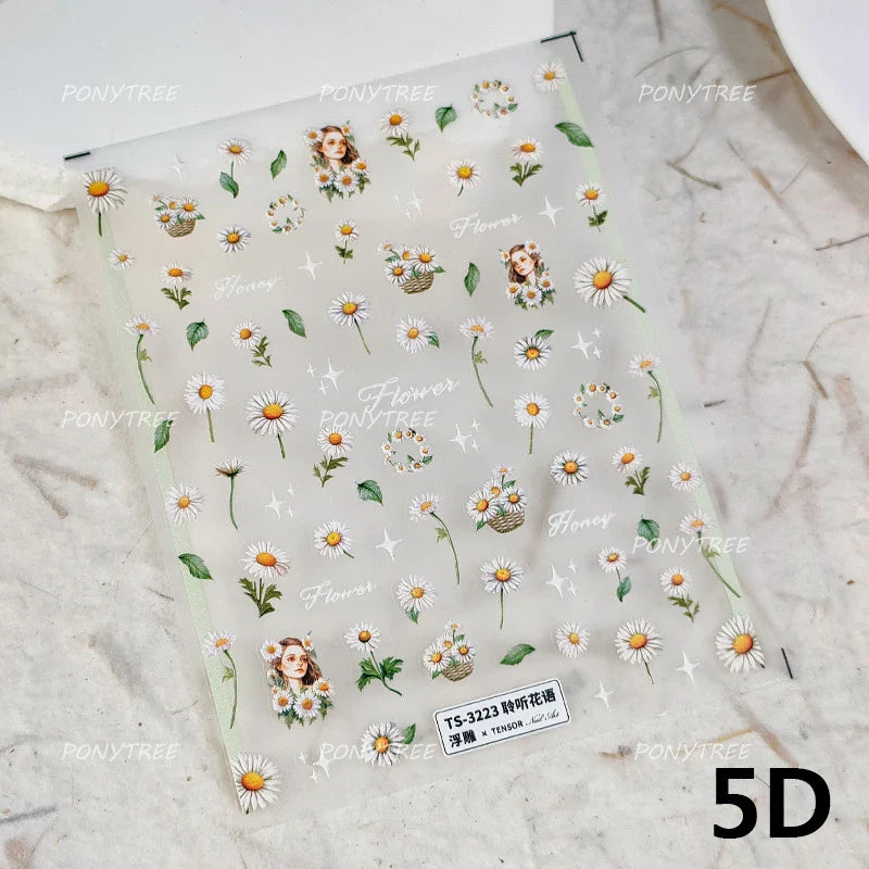 White Daisy Sunflower Green Leaves Wreath Garland Flower Cluster Bouquet Flat Adhesive Nail Art Sticker Manicure Decals Supplies (Online Order Only)