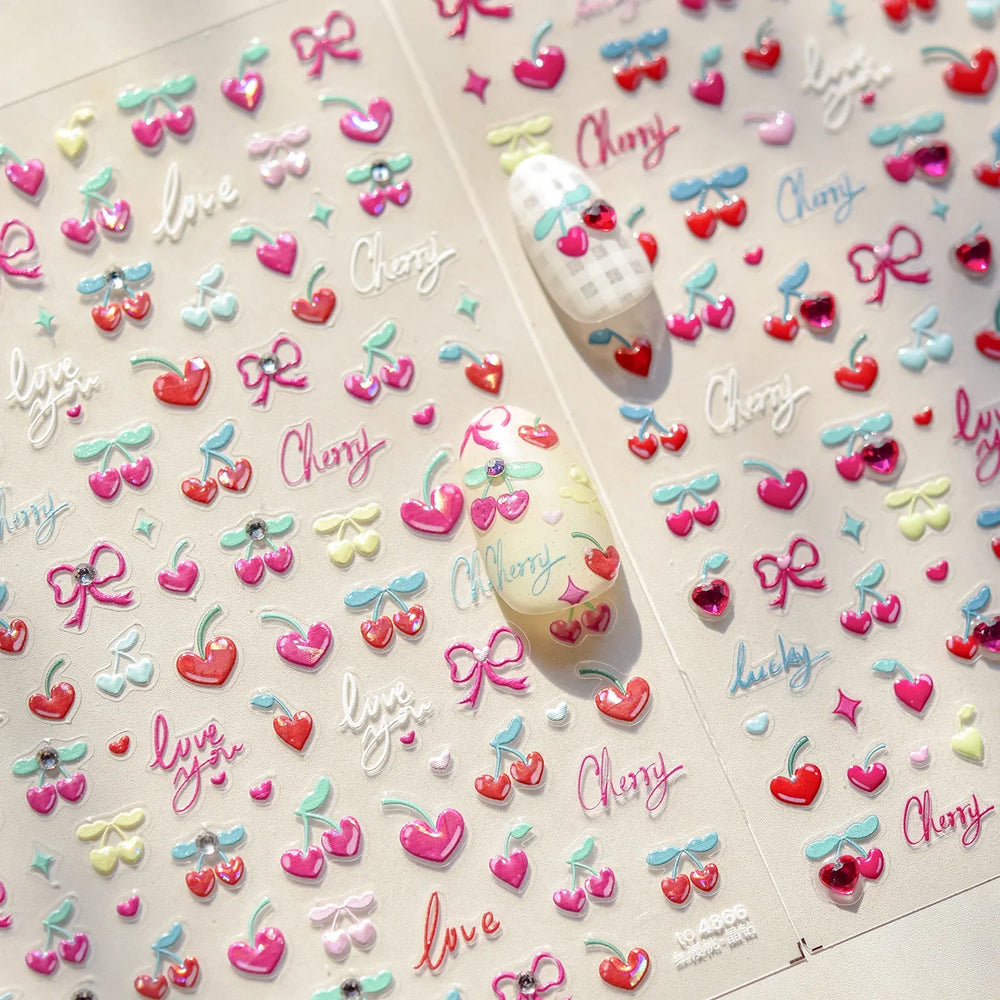Lovely Pink Red Cherry Fruit Love Heart Star Lucky Letter Bowknot Romantic Adhesive Nail Art Stickers Rhinestone Manicure Decals (Online Order Only)