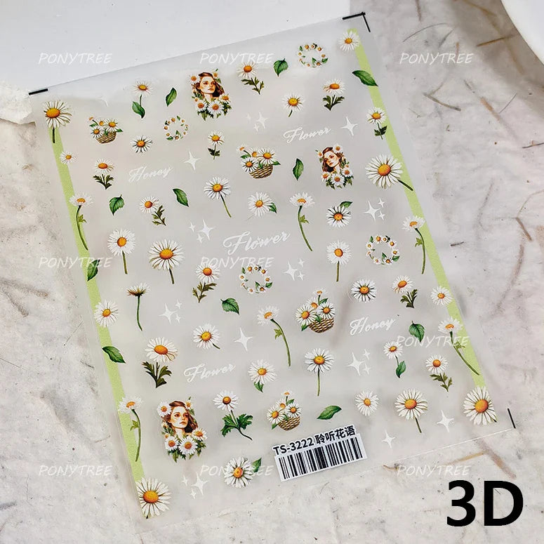 White Daisy Sunflower Green Leaves Wreath Garland Flower Cluster Bouquet Flat Adhesive Nail Art Sticker Manicure Decals Supplies (Online Order Only)