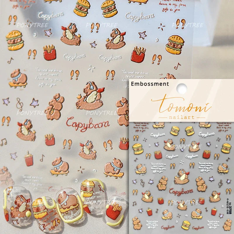 Cute Kapibala Halo Dyeing Kabibara Giant Rat Guinea Pig Cavy Lovely Expression Orange Adhesive Nail Art Stickers Manicure Decals (ONLINE ORDER ONLY)