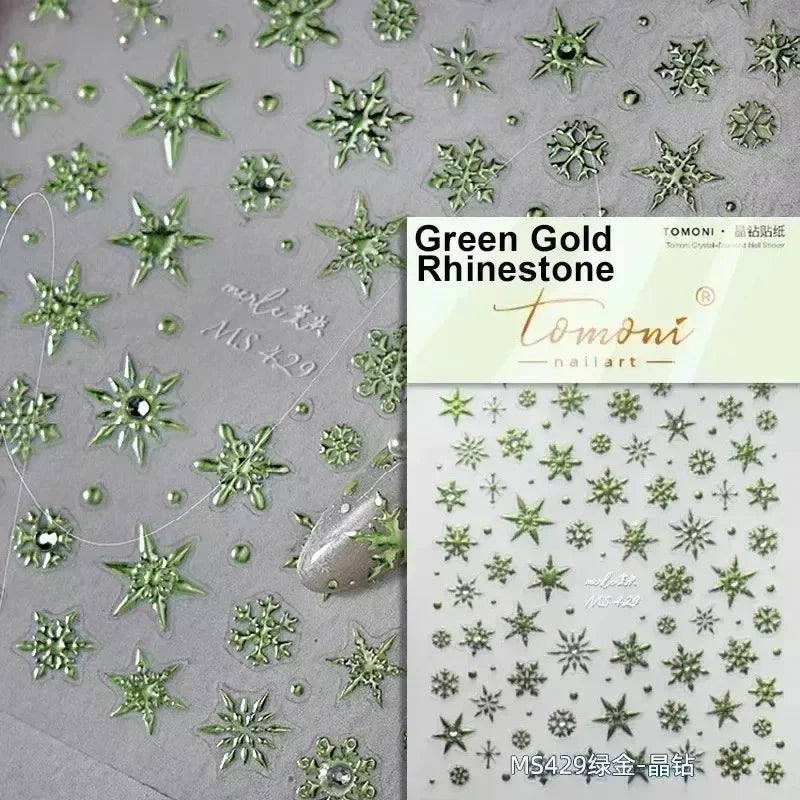 Shiny White Pink Blue Gold Snowflakes Hexagon Water Bubbles Winter 5D Self Adhesive Nail Art Stickers Rhinestone Manicure Decals (ONLINE ORDER ONLY)