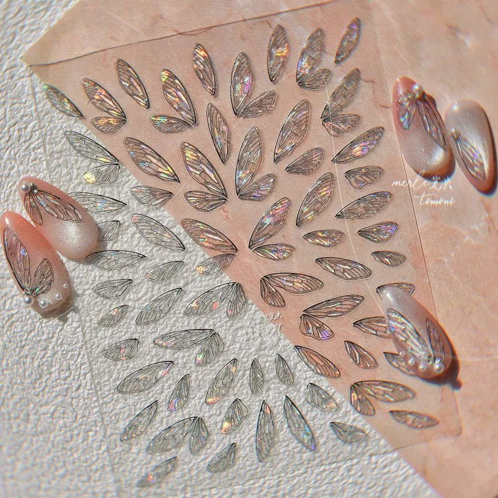 Transparent Purple Pink Gradient Wing Pinion Feather Housefly Wings Shiny Adhesive Nail Art Decoration Stickers Manicure Decals (ONLINE ORDER ONLY)