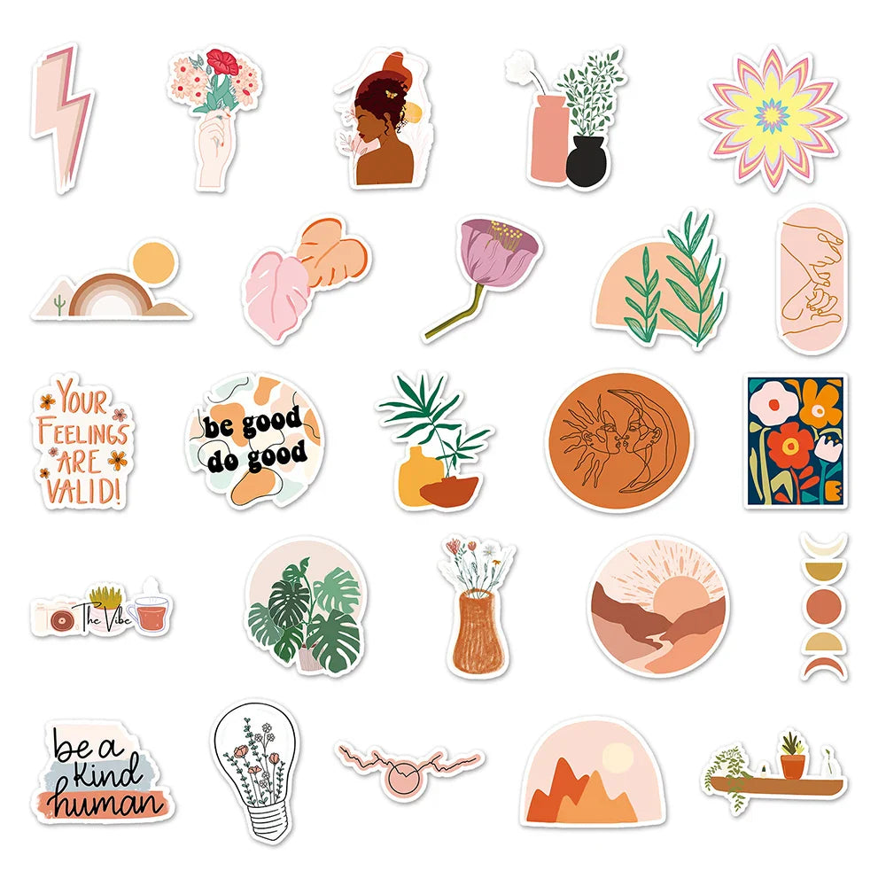 10/30/50PCS Cute Bohemia Art Aesthetic Stickers Scrapbook Laptop Phone Guitar Diary Graffiti Cartoon Boho Sticker Decal Kid Toy (ONLINE ORDER ONLY)