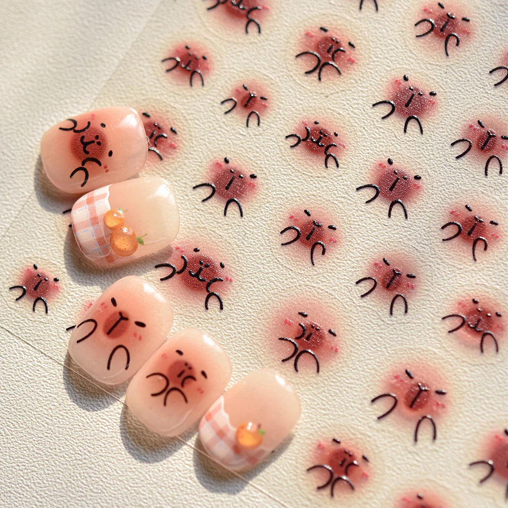 Cute Kapibala Halo Dyeing Kabibara Giant Rat Guinea Pig Cavy Lovely Expression Orange Adhesive Nail Art Stickers Manicure Decals (ONLINE ORDER ONLY)