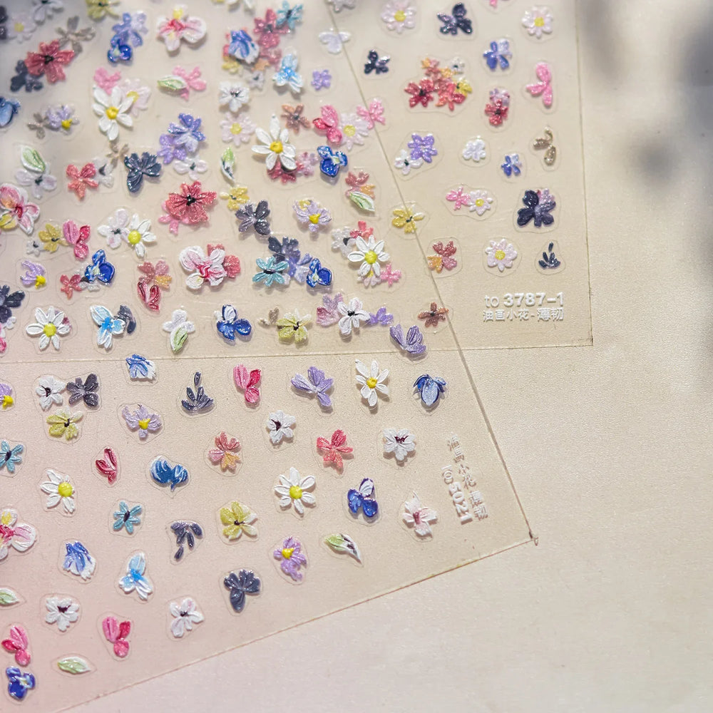 Chic Wild Flower Oil Painting Small Variegated Daisy Peach Blossom Lavender Petal Adhesive Nail Art Stickers Manicure Decals (Online Order Only)
