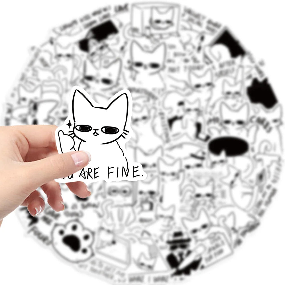 Kawaii Cat Stickers Black White Cartoon Decals for Luggage Laptop Phone Guitar Car Bike Skateboard (Online Order Only)