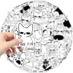Kawaii Cat Stickers Black White Cartoon Decals for Luggage Laptop Phone Guitar Car Bike Skateboard (Online Order Only)