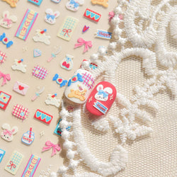Graffiti Rabbit Dog Bunny Milk Strawberry Jewel Candy Knife Envelope Soft Relief Adhesive Nail Art Stickers Cute Manicure Decals (Online Order Only)