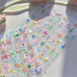 Colorful Food Pudding Alkali Water Bowknot Cream Fork Cup Bread Jelly Fruit Cartoon Cake Relief Nail Art Sticker Manicure Decals (ONLINE ORDER ONLY)