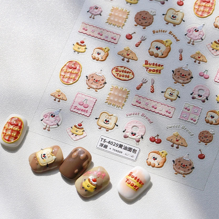 Toast Butter Brioche Bread Dim Sum Cookie Cherry Pudding Food Fork Doughnut Relief Adhesive Nail Art Stickers Manicure Decals (ONLINE ORDER ONLY)