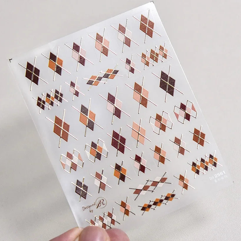 French Style Geometric Black White Square Grid Rhombus Stripe 3D Self Adhesive Nail Art Stickers Shiny Rhinestone Manicure Decal (ONLINE ORDER ONLY)