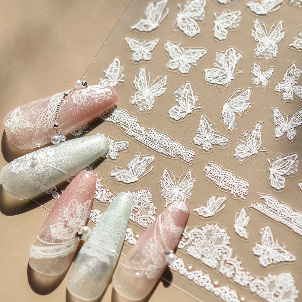 Lace Butterfly Hollow Out Fabric Romantic Flower Pattern Chic Adhesive Nail Art Sticker Rhinestone Manicure Decals Nail Supplies (ONLINE ORDER ONLY)
