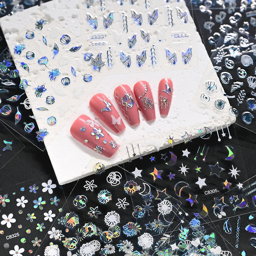 30Pcs Laser Silver/White Flowers Hearts Nail Sticker Star/Moon Mixed Shapes Design Self-adhesive Sticker Acrylic Manicure Access (Online Order Only)