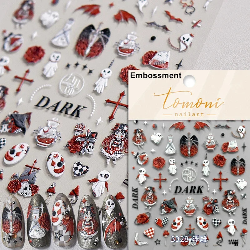 Gothic Dark Spider Butterfly Cross Flame Wings Halloween Horror Rose Flower Rabbit Pumpkin Bear Nail Art Stickers Manicure Decal (ONLINE ORDER ONLY)