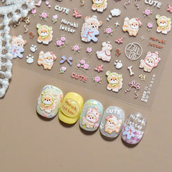 Spring Dog Bear Toy Rose Flower Floral Print Letter Bone Butterfly Cat Puppy Relief Adhesive Nail Art Stickers Manicure Decals (Online Order Only)