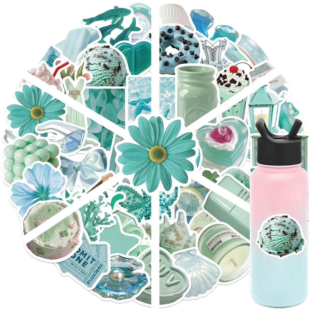 50pcs Ins Style Mint Green Stickers Aesthetic Summer Cartoon Decals Decoration DIY Waterproof Skateboard Laptop Phone Toys (Online Order Only)