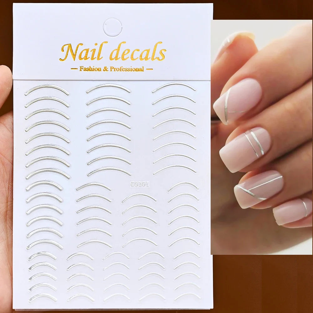 1Pc Laser Silver Gold Lines Stripe Nail Sticker Metal Strip Luxury Nails Slider Self Adhesive Slider Papers Transfer Stickers *& (Online Order Only)