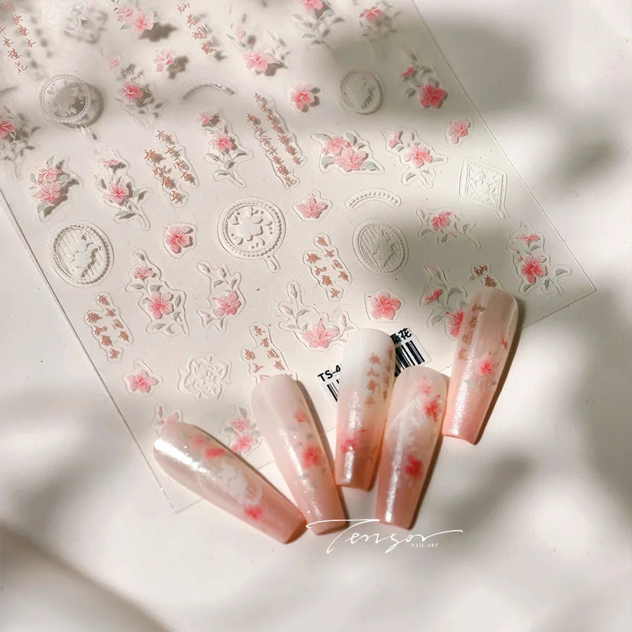 Pink Purple Orchid Hibiscus Rosa-sinensis Flower Butterfly Antique Lattice Window Adhesive Nail Art Stickers  Manicure Decals (Online Order Only)