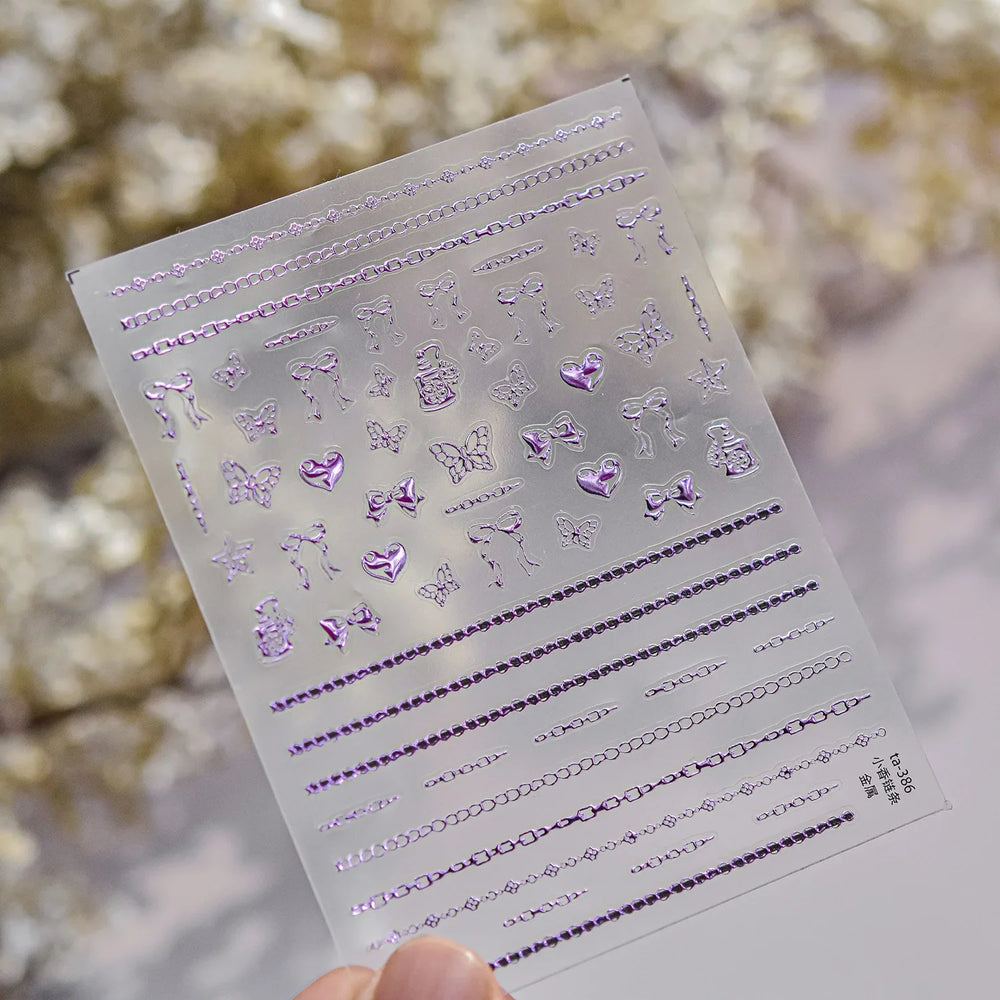 Hot Stamping Purple Line Love Heart Lace Bowknot Chain Branches Star Flower Leaf Butterfly Plant Flower Nail Art Stickers Decals (Online Order Only)