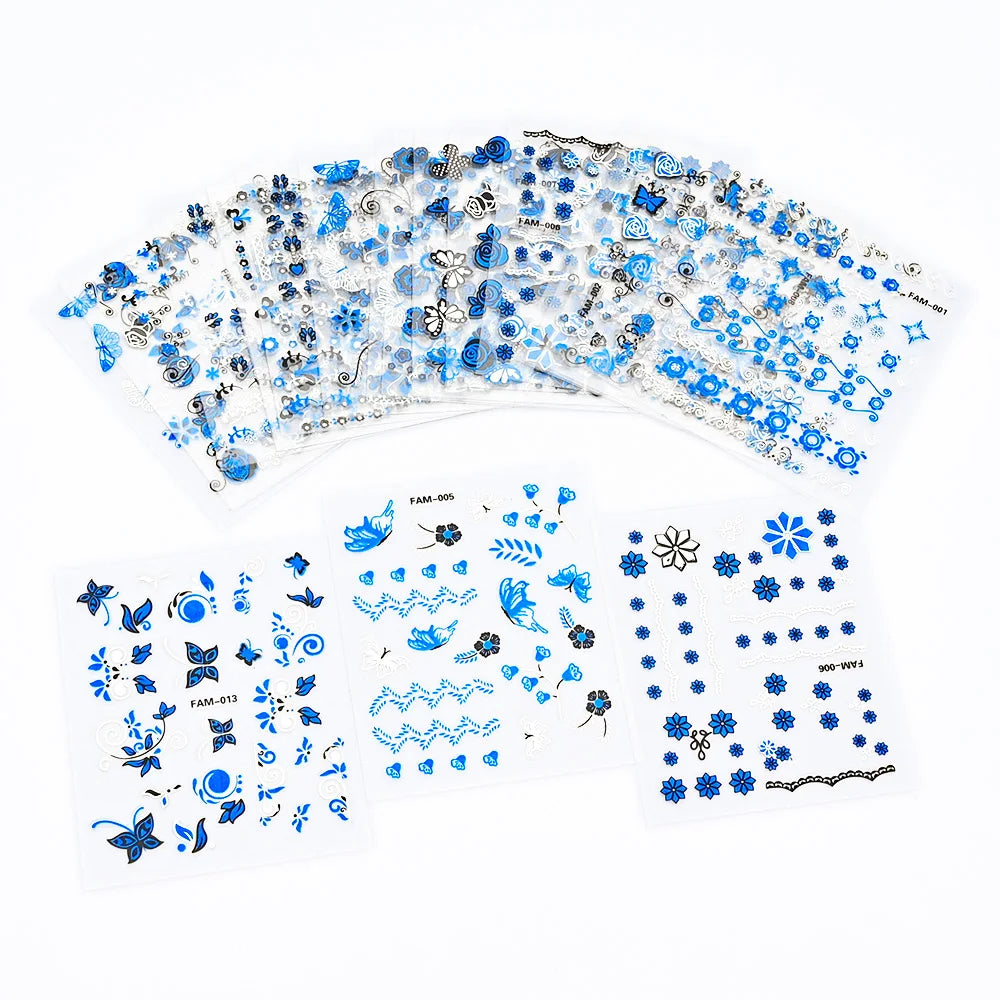 30 Sheet 3D Flower Nail Stickers Decals 6.5*5cm Transparent White Floral Leaf Butterflies Heart Nail Art Adhesive Strip Supplies (ONLINE ORDER ONLY)