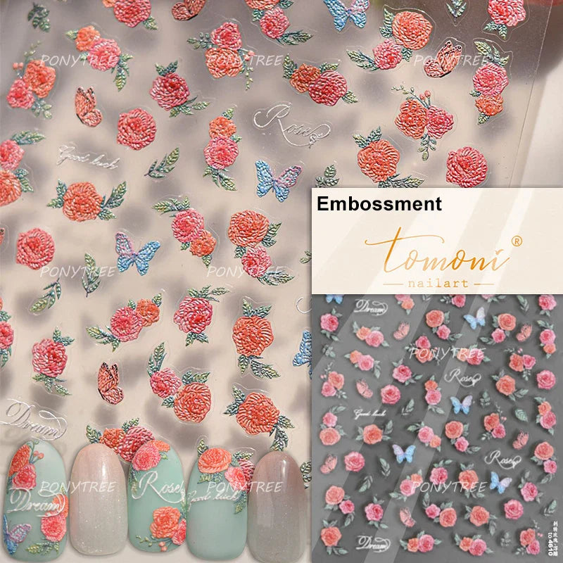 Peach Blossom Gradual Pink Petal Flower Line Bowknot Hot Stamping Halo Dyeing Delicate Adhesive Nail Art Sticker Manicure Decals (ONLINE ORDER ONLY)