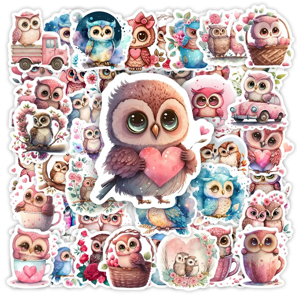Kawaii Aesthetic Owls Stickers Cute Watercolor Animal DIY Toy Gift Graffiti Decal for Phone Luggage Laptop Scrapbook Waterproof (ONLINE ORDER ONLY)