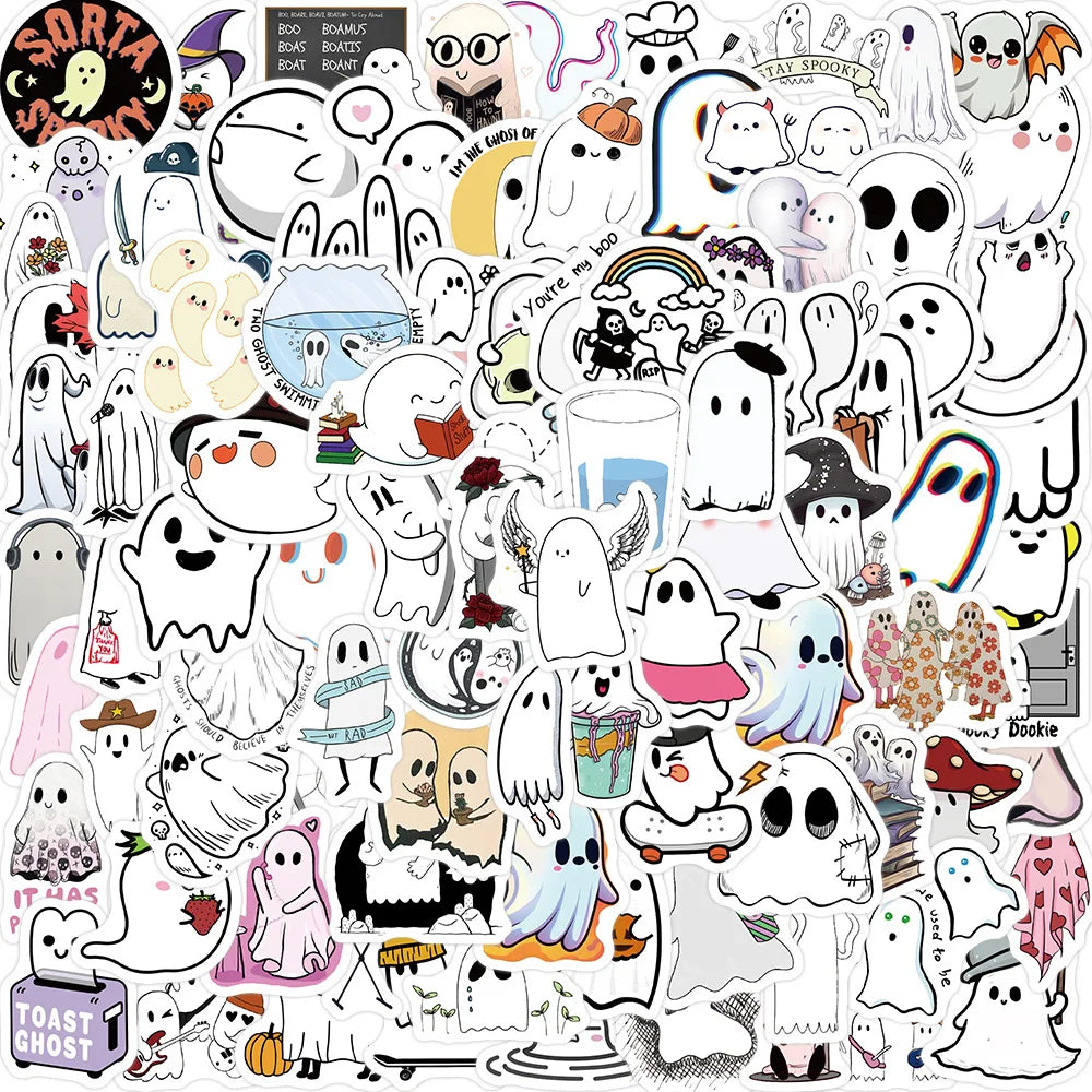 10/30/50/100PCS Cute Ghost Stickers Funny Cartoon Decals Halloween Toy For Kids Scrapbook Skateboard Notebook Fridge Decoration (ONLINE ORDER ONLY)