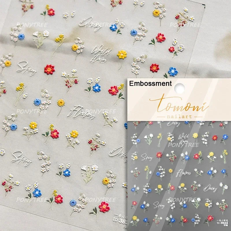 Chic Wild Flower Oil Painting Small Variegated Daisy Peach Blossom Lavender Petal Adhesive Nail Art Stickers Manicure Decals (Online Order Only)