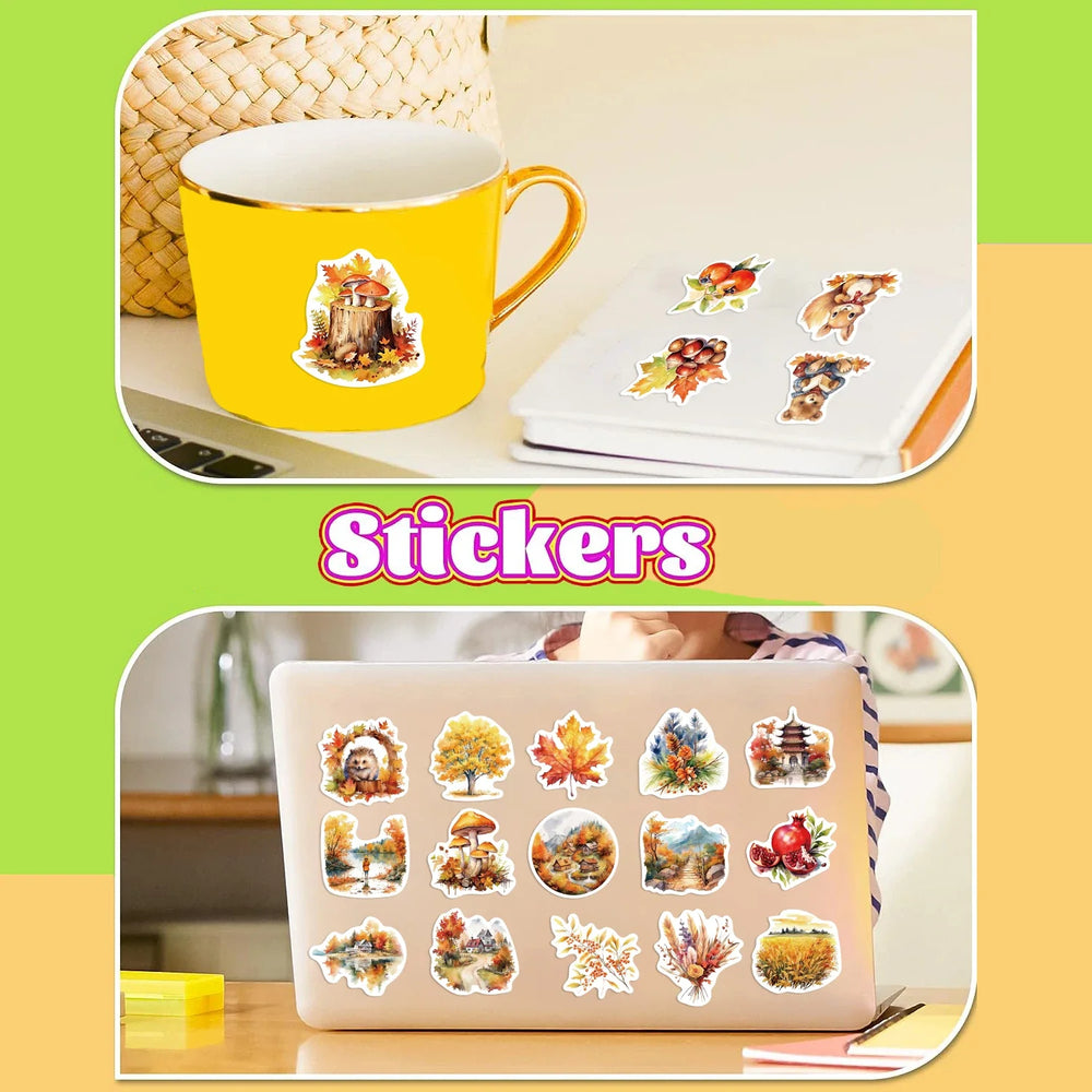 50pcs Waterproof Graffiti Cute Cartoon Autumn Animals Foods Stickers For Laptop Water Bottle Luggage Notebook Vinyl Decals﻿ (ONLINE ORDER ONLY)
