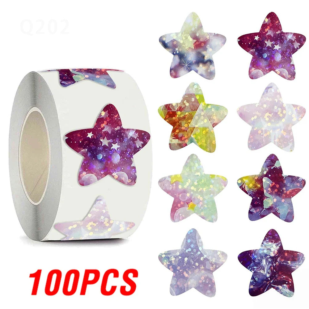 100-500pcs Holographic Star Reward Stickers Corlorful Adhesive Star Stickers Reward Chart Decorative Toy Gifts Sticker Labels (ONLINE ORDER ONLY)