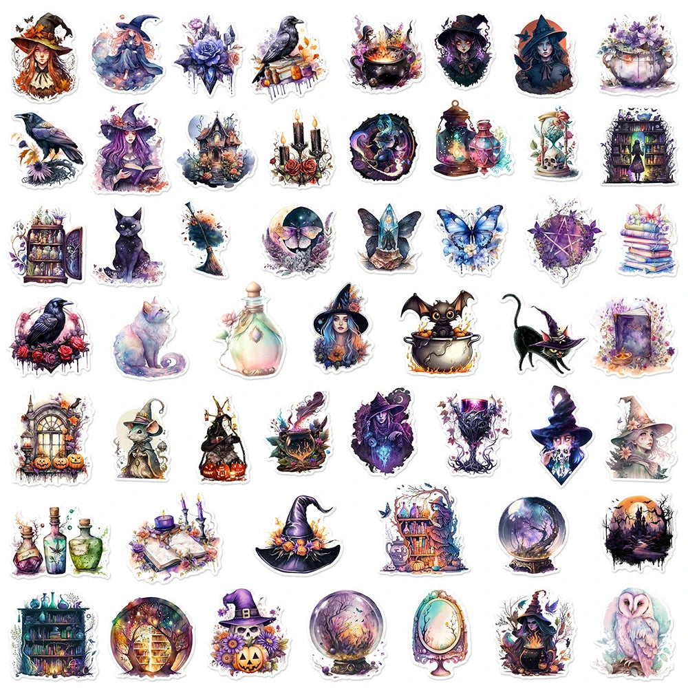 10/30/50pcs Gothic Magic Witch Cartoon Waterproof Stickers Halloween Horror Aesthetic Decals Car Laptop Cool Graffiti Sticker (ONLINE ORDER ONLY)