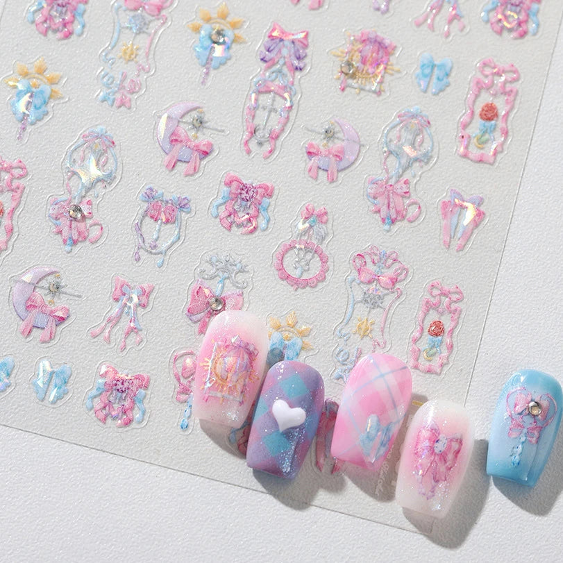 Pink Bowknot Star Moon Starburst Sun Polar Day Polar Night Sword Rose Flower Wreath Adhesive Nail Art Stickers Manicure Decals (ONLINE ORDER ONLY)