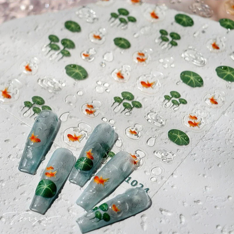 Lotus Flower Leaf Goldfish Ripple Wavelet Water Droplet Lotus Pond Brocaded Carp Self Adhesive Nail Art Stickers Manicure Decals (Online Order Only)