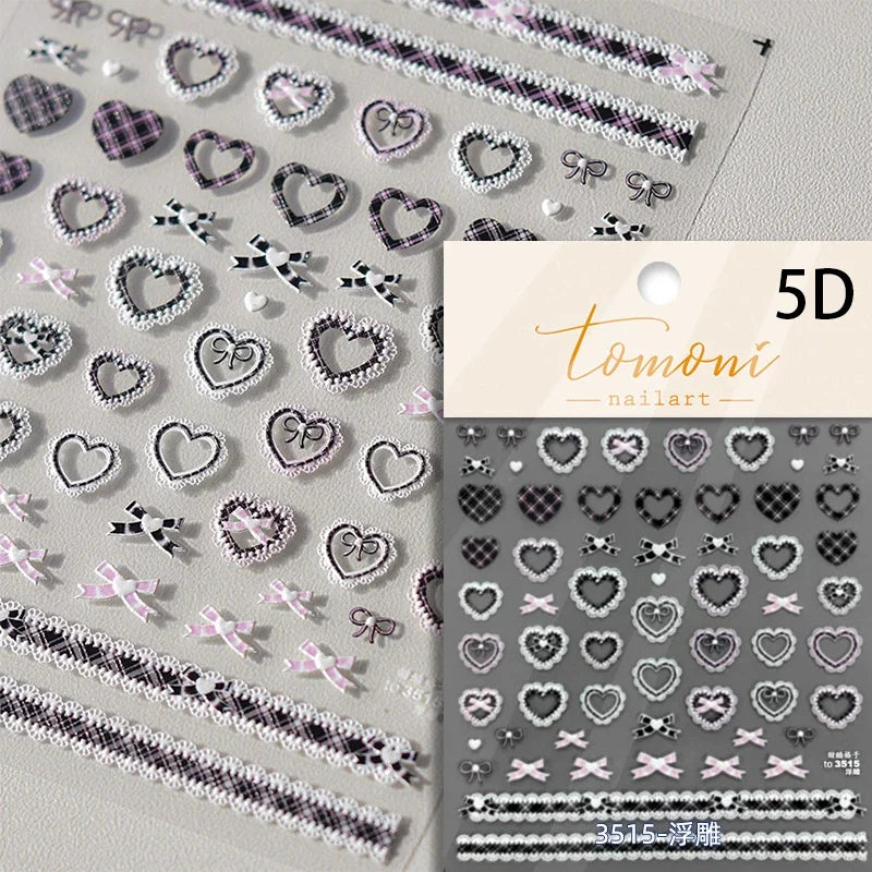 French Style Geometric Black White Square Grid Rhombus Stripe 3D Self Adhesive Nail Art Stickers Shiny Rhinestone Manicure Decal (ONLINE ORDER ONLY)