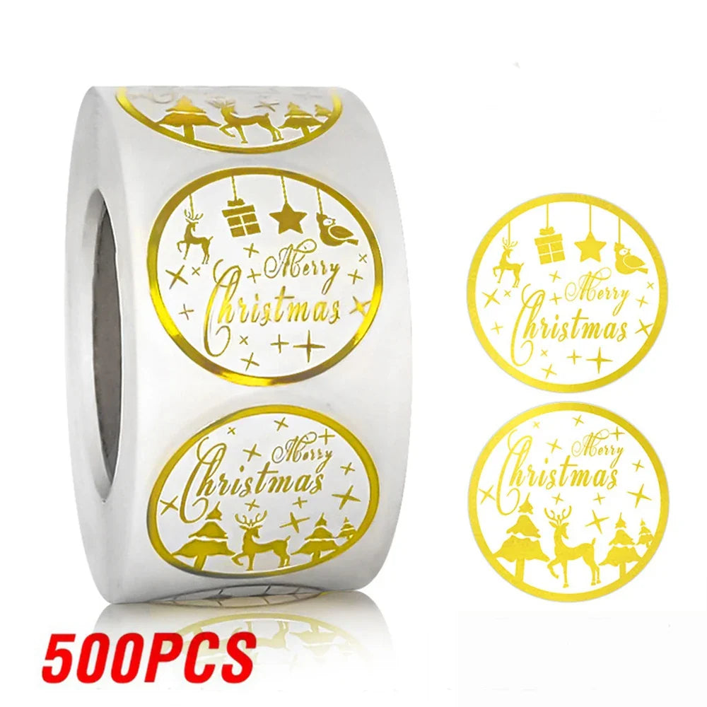 100-500pcs Round Merry Christmas Stickers Gold Foil Christmas Envelope Seals Holiday Stickers for Gift Boxes (Online Order Only)