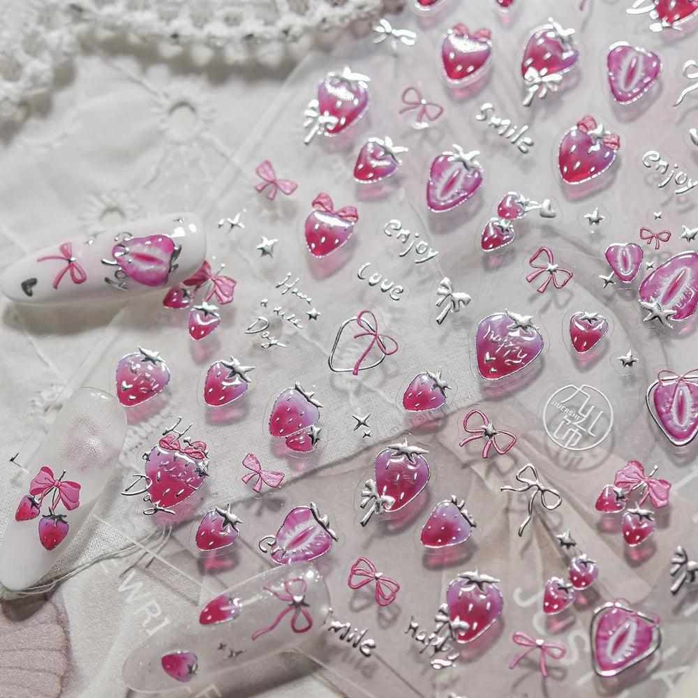 Cute Pink Tempting Strawberries Attractive Fruit Cutting Line Bowknot Star Silver Stamping Chic Nail Art Stickers Manicure Decal (ONLINE ORDER ONLY)