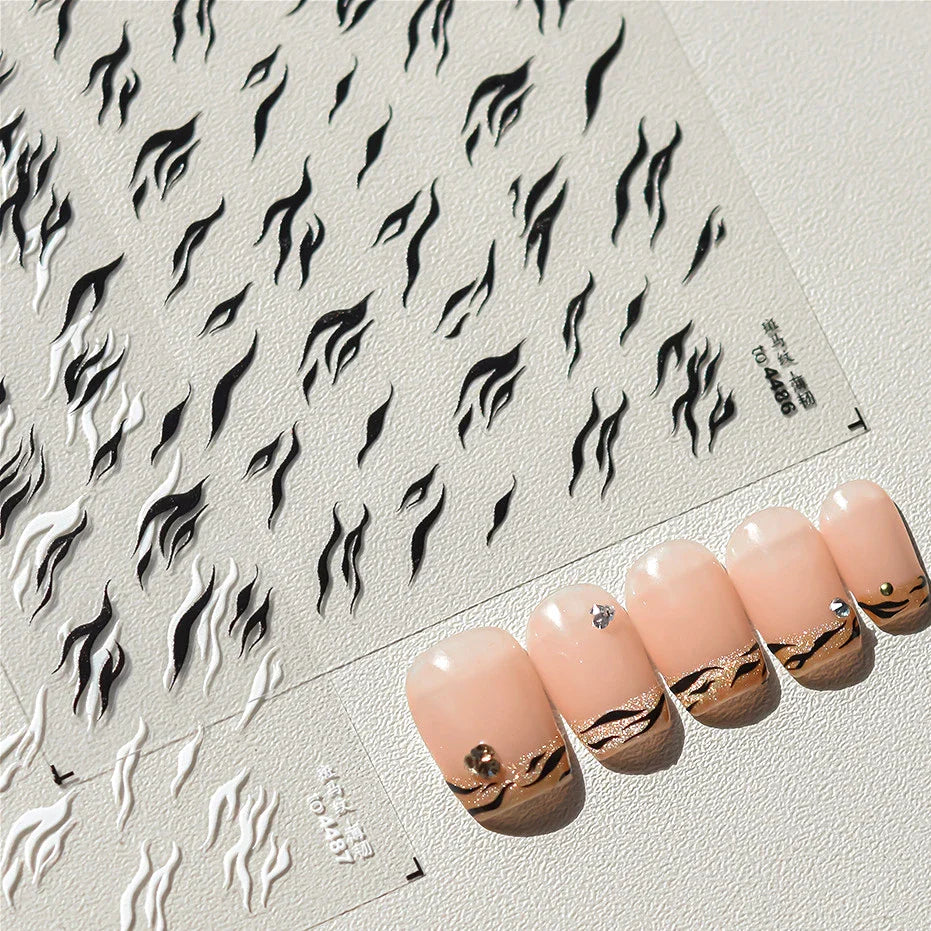 Chic Halo Dyeing Zebra Stripes Tender Black White Line Design Crescent Moon Arc Adhesive Nail Art Sticker Relief Manicure Decals (Online Order Only)