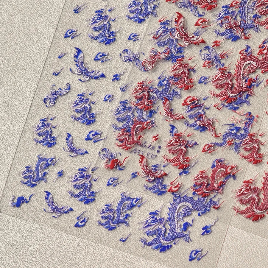 Retro Embroidered Dragon Red Pink Blue White Porcelain Chinese 3D Embossed Relief Self Adhesive Nail Art Stickers Manicure Decal (ONLINE ORDER ONLY)