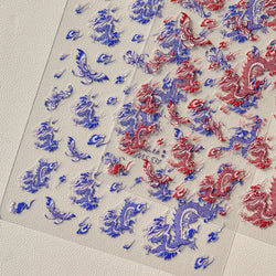Retro Embroidered Dragon Red Pink Blue White Porcelain Chinese 3D Embossed Relief Self Adhesive Nail Art Stickers Manicure Decal (ONLINE ORDER ONLY)