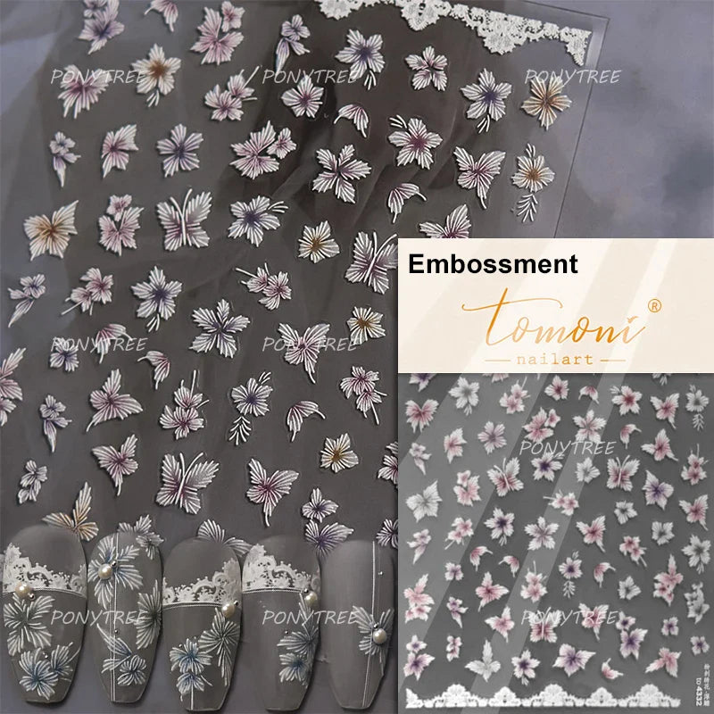 Delicate Dreamy Petal Star Tulip Flower Purple Bowknot Butterfly Illusion Chic Relief Adhesive Nail Art Stickers Manicure Decals (Online Order Only)