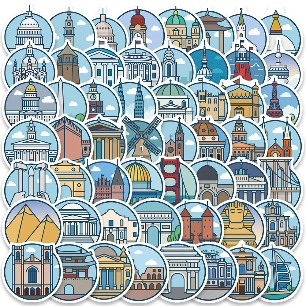 55Pcs Waterproof Landmark Travel Stickers for Skateboard, Laptop, Bottle, Motorcycle, Suitcase (Online Order Only)