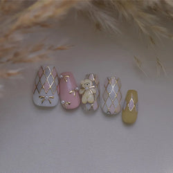 Geometric French Style Colorful Square Grid Rhombus Line Stripe Bowknot 3D Self Adhesive Nail Art Stickers Shiny Manicure Decals (ONLINE ORDER ONLY)