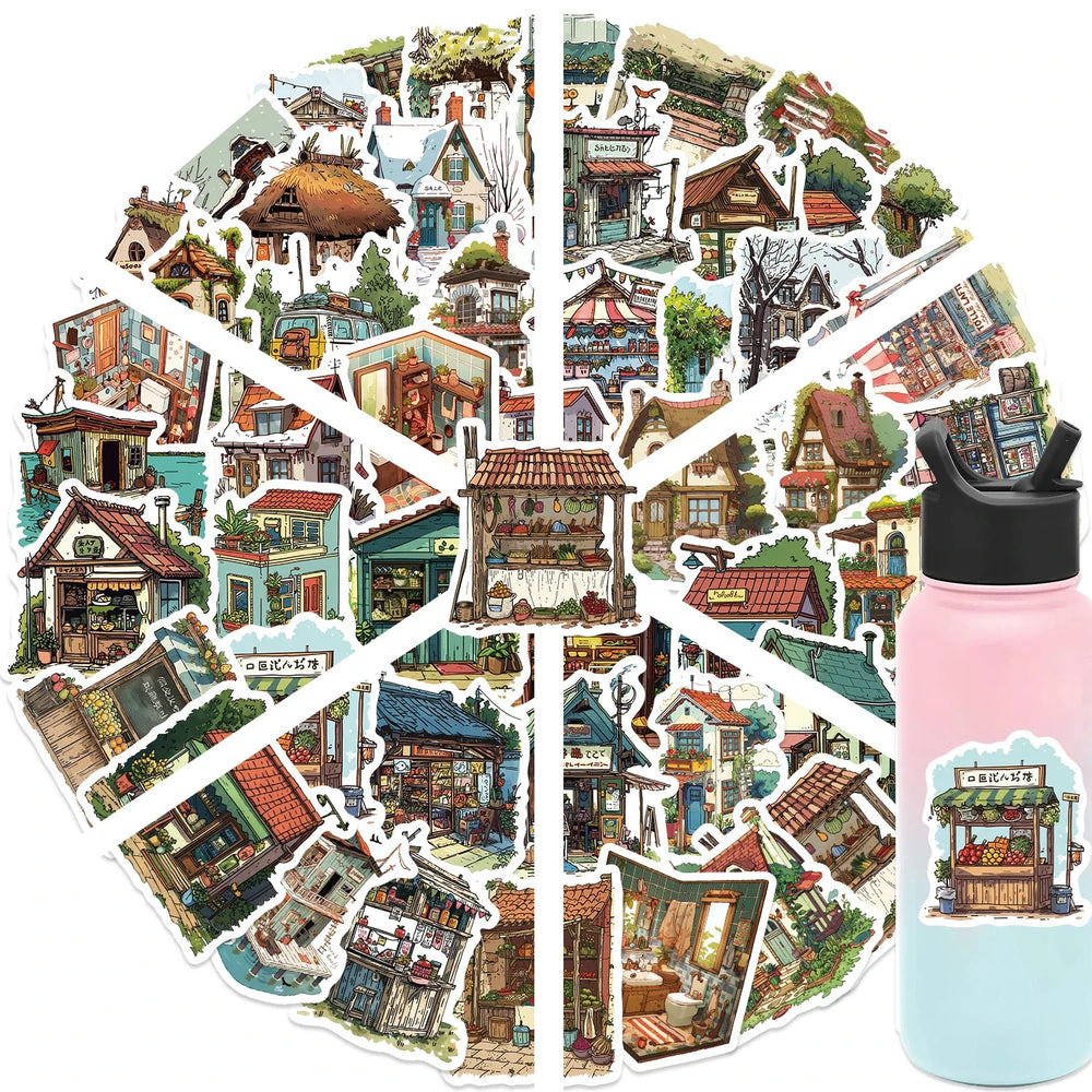 50pcs Vintage Retro Small House Stickers For Scrapbook Phone Laptop Guitar Stationery DIY Waterproof Sticker Decals Kids Toy (Online Order Only)