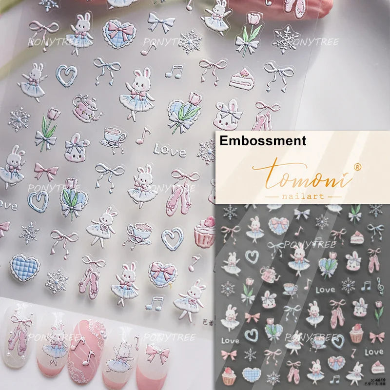 Cream Wind Cat Rabbit Kitten Bunny Bowknot Flower Butterfly Cake Cherry Tulip 5D Self Adhesive Nail Art Stickers Manicure Decals (Online Order Only)