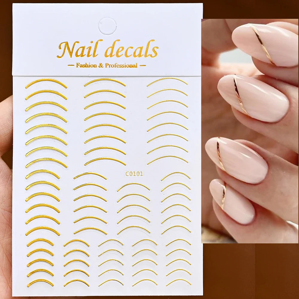 1Pc Laser Silver Gold Lines Stripe Nail Sticker Metal Strip Luxury Nails Slider Self Adhesive Slider Papers Transfer Stickers *& (Online Order Only)